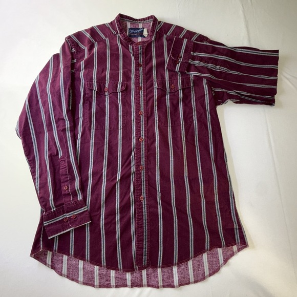 VINTAGE Wrangler Shirt Mens 16.5x35 X-Long Tails Western Cowboy Stripes Maroon - Picture 2 of 8